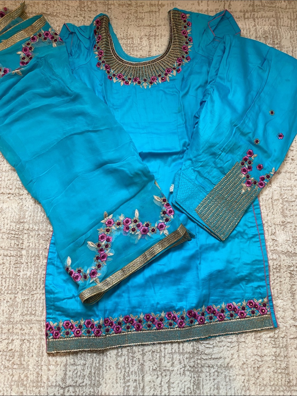 Bright Turquoise Embroidered Women’s cotton Salwar Kameez Set